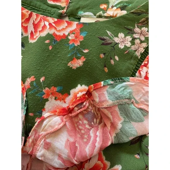 FARM Rio Anthropologie Elinor Tunic Dress Green & Pink Floral Ruffle Size M - Picture 14 of 14